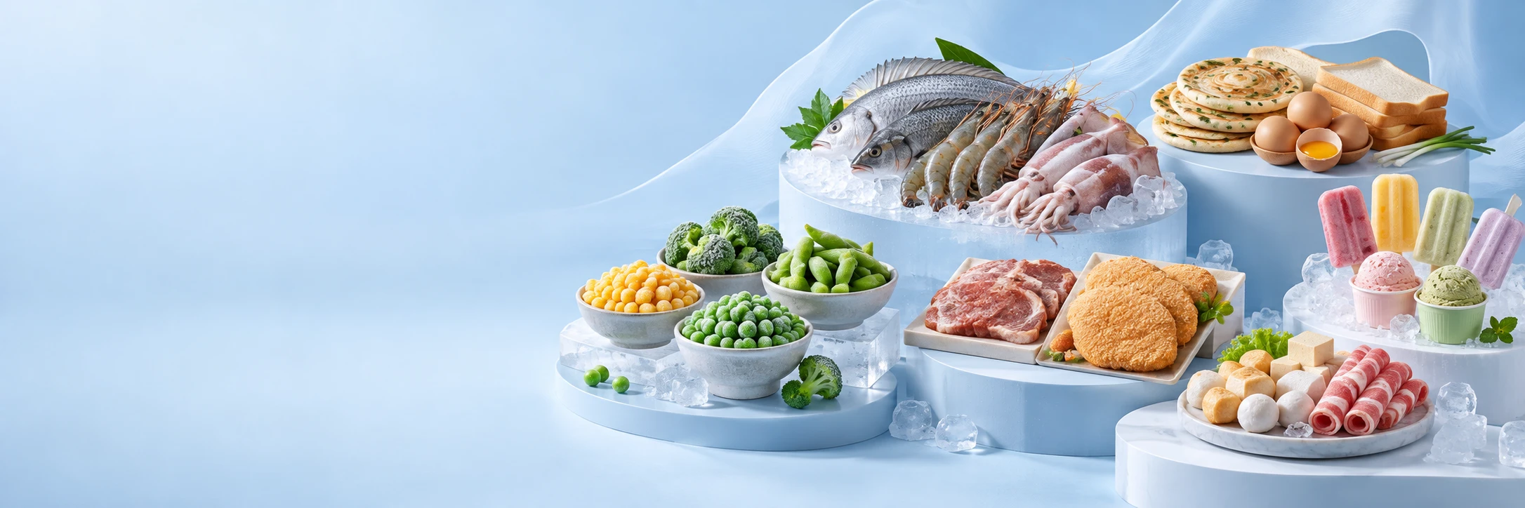 冷凍農產品、調理肉品、水產品、早餐食材、冰品與各式火鍋料整合情境示意
